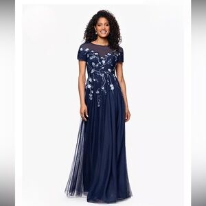 NWT Betsy & Adam Long Mesh Sequin Embroidered Cap Sleeve Dress 10